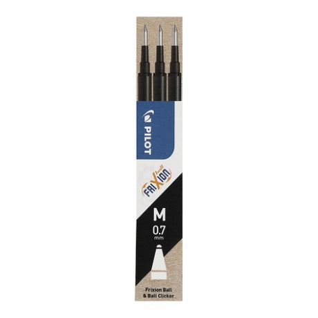 Pilot Frixion Black 3 Pack refills for erasable writing with 0.7mm gel ink, compatible with various Frixion pens.