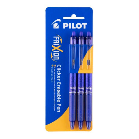 Pack of 3 Pilot Frixion Clicker pens featuring erasable blue gel ink and a retractable design for seamless writing and corrections.