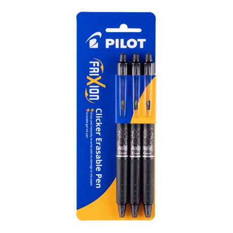 Pack of 3 Pilot Frixion Clicker Fine Black pens with erasable ink, 0.7mm tip, ideal for precise writing and drawing.