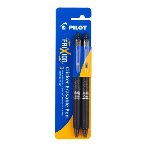 Pack of 2 Pilot Frixion Clicker erasable black pens with fine 0.7mm tip for precise, mistake-free writing.