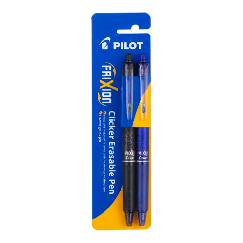 Pilot Frixion Clicker Erasable Pens in black and blue, featuring 0.7mm fine tip for smooth, precise writing and easy erasing.