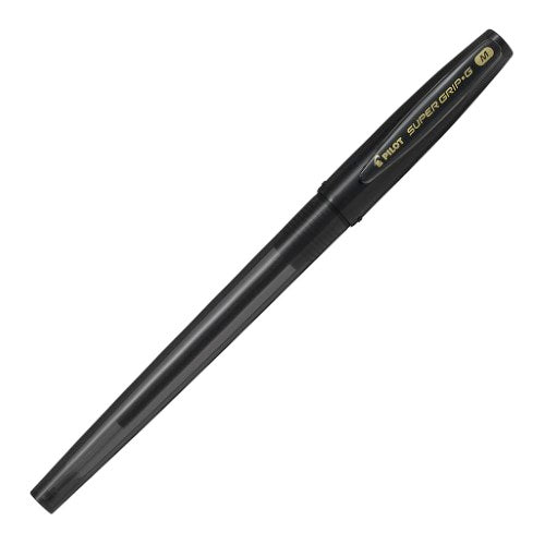 Set of 12 Pilot Super Grip G Stick Medium Black pens with rubber grip for comfortable, smooth writing and vibrant ink.
