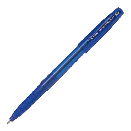 Set of 12 Pilot Super Grip G Stick Medium Blue ballpoint pens with ergonomic grip for comfortable writing and smooth ink flow.