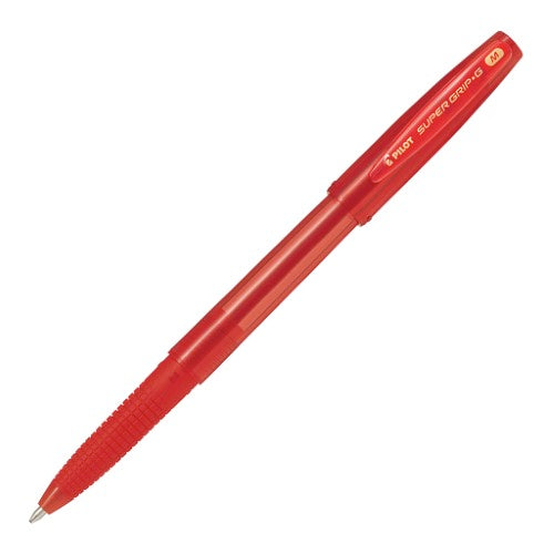 Set of 12 Pilot Super Grip G Stick pens in red, featuring a rubberized grip and 1.0mm tip for comfortable, smooth writing.