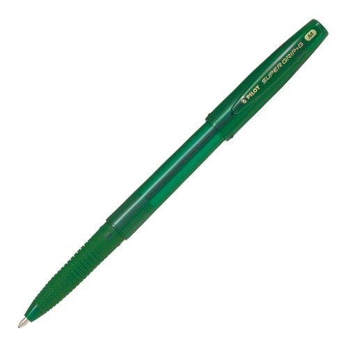 Set of 12 Pilot Super Grip G Stick Medium Green pens featuring a rubberized grip and 1.0mm tip for smooth, vibrant writing.