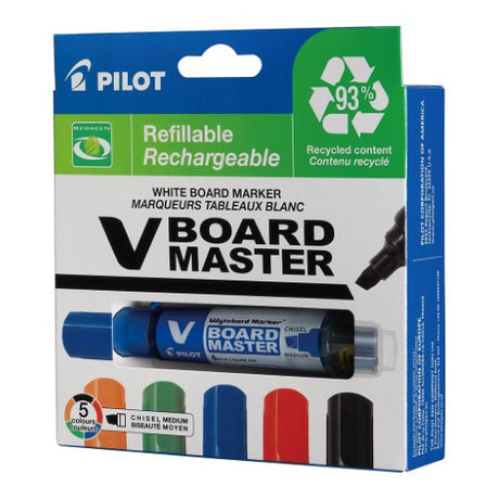 Pilot Marker V Board Chisel Medium Tip in 5 vibrant colors, eco-friendly, refillable, ideal for clear, bold whiteboard presentations.
