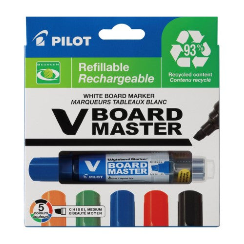 Pilot Marker V Board Chisel Tip set of 5 vibrant, eco-friendly whiteboard markers with refillable ink cartridges.