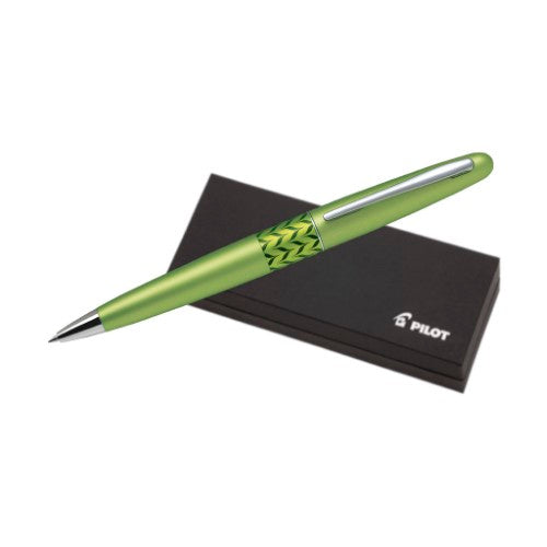 Pilot MR3 Light Green Ballpoint Pen with retro pattern, brass barrel, and smooth twist mechanism for effortless writing.