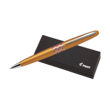 Pilot MR3 Golden Orange pen with a vibrant metallic finish, sleek brass barrel, and smooth twist mechanism.