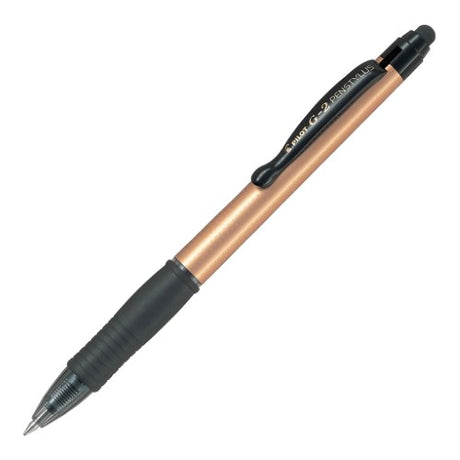 Pilot Stylus G-2 Gel Pen in gold with retractable design and precision stylus tip for writing and digital navigation.