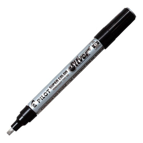 Pilot Marker Paint Broad Chisel Silver marker with a glossy metallic finish for vibrant art on multiple surfaces.