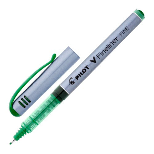 Set of 12 Pilot V-Fineliner Green pens featuring 0.5mm tips for precision drawing and writing with smooth liquid ink flow.