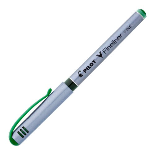 Set of 12 Pilot V-Fineliner green pens, 0.5mm tip for precise writing and drawing with smooth liquid ink flow.