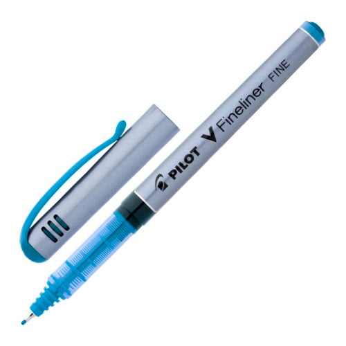 Set of 12 light blue Pilot V-Fineliner pens with durable 0.5mm tips for precise writing and vibrant illustrations.