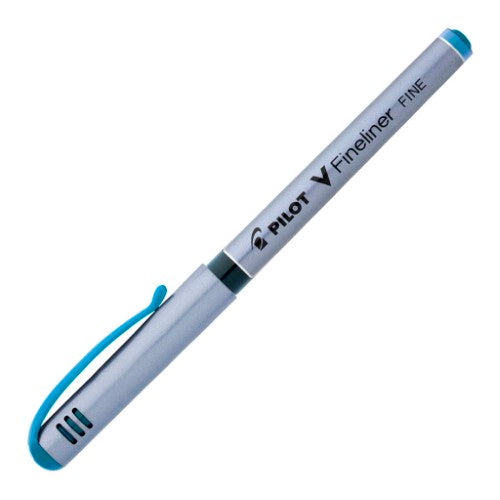 Set of 12 light blue Pilot V-Fineliner pens with 0.5mm fine tips for precise writing and vibrant coloring.