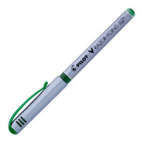 Set of 12 Pilot V-Razor Green fineliner pens with 0.4mm tips for precise writing and vibrant green ink.