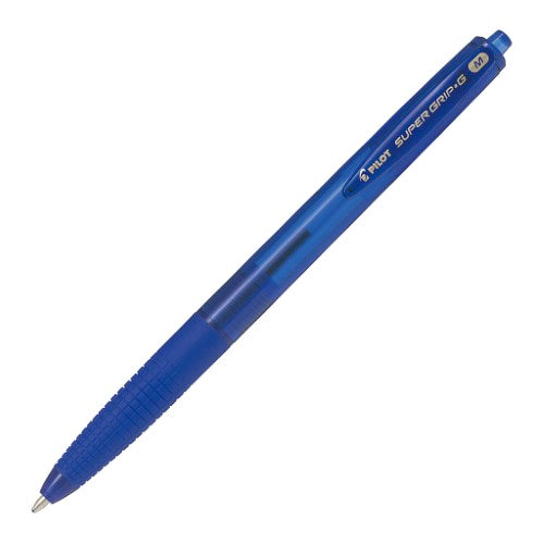 Set of 12 Pilot Super Grip G Retractable Blue Pens with ergonomic grip and medium 1.0mm tip for smooth writing.