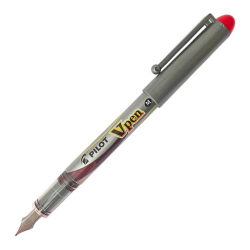Set of 12 Pilot V-Pen disposable liquid ink fountain pens in medium red, offering smooth writing and vibrant ink flow.
