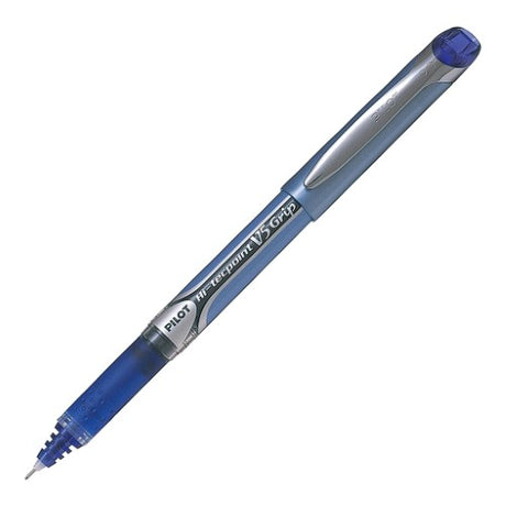 Pilot Hi-Tec V5 Grip Extra Fine Blue pens in a set of 12, featuring 0.5mm tips for precise writing and comfortable rubber grips.