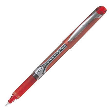 Set of 12 Pilot Hi-Tec V5 Grip Extra Fine Red pens with rubber grip, 0.5mm tip for precise, comfortable writing.