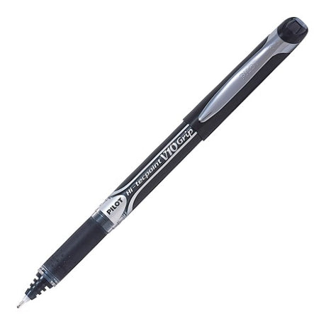 Set of 12 Pilot Hi-Tec V10 Grip Medium Black pens with ergonomic grip and 1.0mm tip for smooth, precise writing.