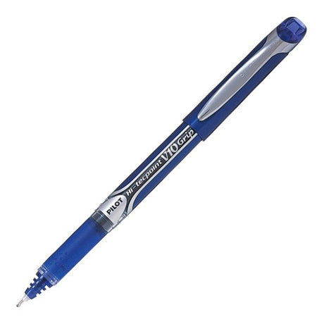 Set of 12 Pilot Hi-Tec V10 Grip Medium Blue pens featuring a rubber grip and 1.0mm tip for comfortable, precise writing.