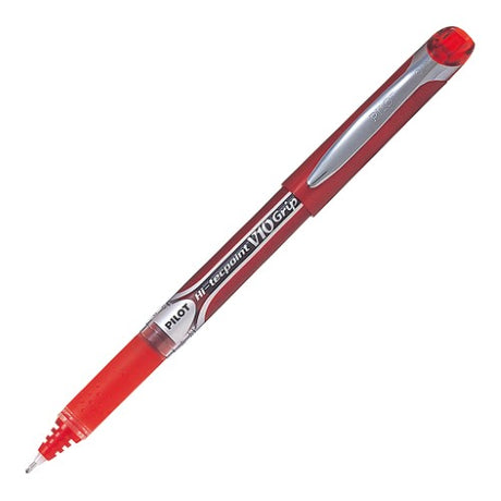 Set of 12 vibrant medium red Pilot Hi-Tec V10 Grip pens with ergonomic grip and ink viewer for comfortable writing.