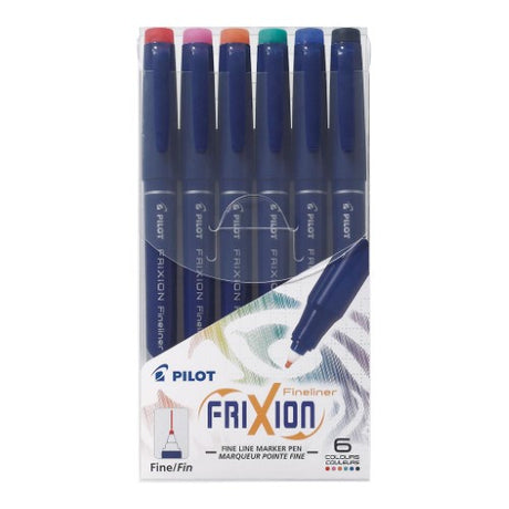 Pack of 6 Pilot Frixion Fineliners in assorted colors, featuring erasable thermo-sensitive ink for precise writing and drawing.