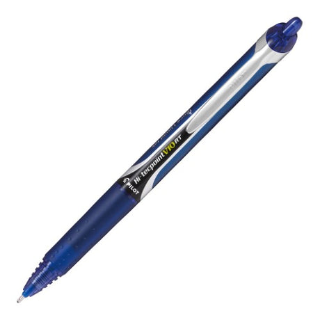 Pack of 12 Pilot Hi-Tecpoint V10RT rollerball pens featuring blue ink, retractable design, and comfortable grip.