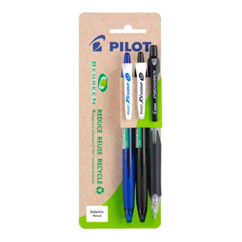 Eco-friendly Pilot BeGreen Rexgrip Progrex pack of 3 includes 2 ballpoint pens and 1 mechanical pencil for versatile writing.