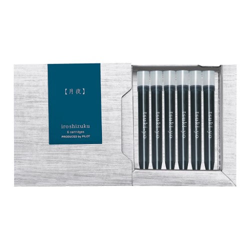Pack of 6 Pilot Iroshizuku Moonlight Tsuki-yo ink cartridges, featuring deep blue-black color for fountain pen enthusiasts.