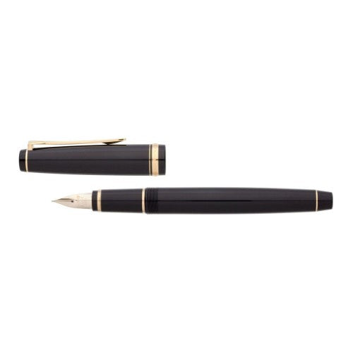 Pilot Falcon Resin Gold Black Fountain Pen with 14k flexible nib for exquisite line variation, elegant black and gold design.