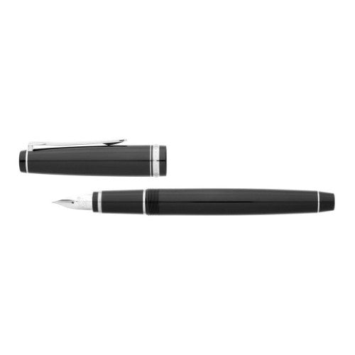 Pilot Falcon Silver Black Fountain Pen with a flexible 14k gold nib, perfect for elegant writing and artistic expression.