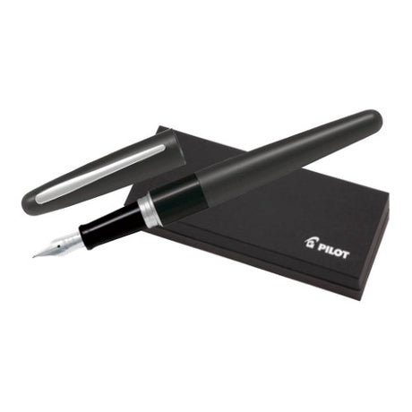 Pilot MR1 Black Fountain Pen with sleek metal barrel, fine tip, engraveable design, perfect for elegant writing.