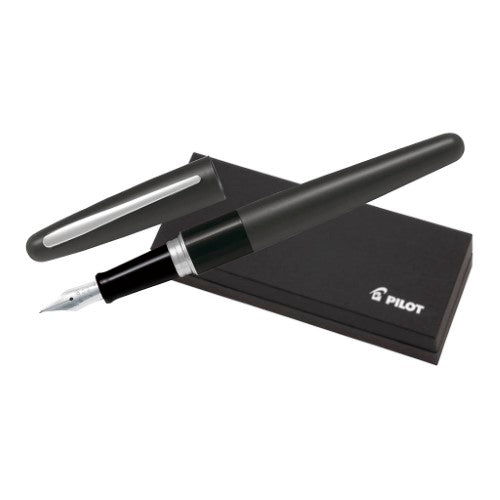 Pilot MR1 Black Fountain Pen with sleek metal barrel, fine tip, engraveable design, perfect for elegant writing.