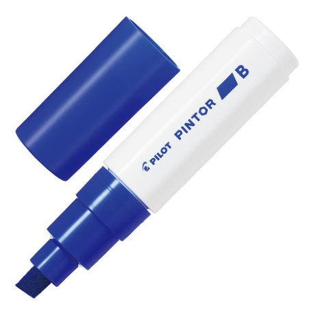 Set of 6 Pilot Pintor Blue Markers with broad chisel tips for vibrant colors and versatile use on various surfaces.