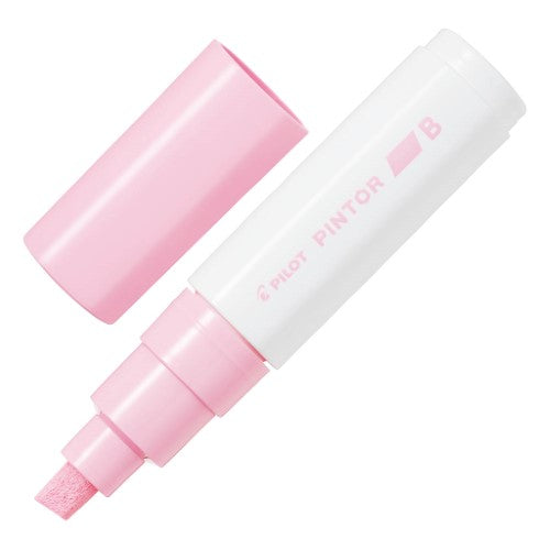 Set of 6 pastel pink Pilot Pintor markers with broad chisel tip for versatile drawing and crafting on various surfaces.