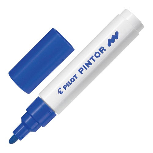 Set of 6 Pilot Pintor Medium Blue Markers, ideal for drawing and calligraphy with vibrant water-based ink.