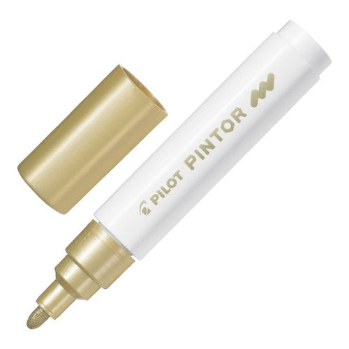 Set of 6 Pilot Pintor Medium Gold Markers featuring 4.5mm tips for vibrant art on various surfaces.