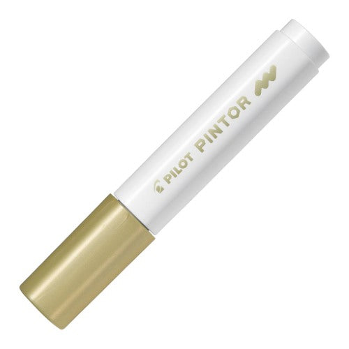 Set of 6 Pilot Pintor Medium Gold Markers for vibrant art, featuring 4.5mm tips and water-based pigment ink.