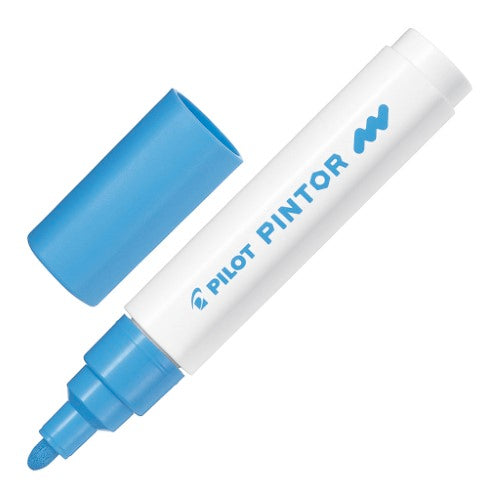 Set of 6 Pilot Pintor medium light blue markers, perfect for versatile art projects on various surfaces.