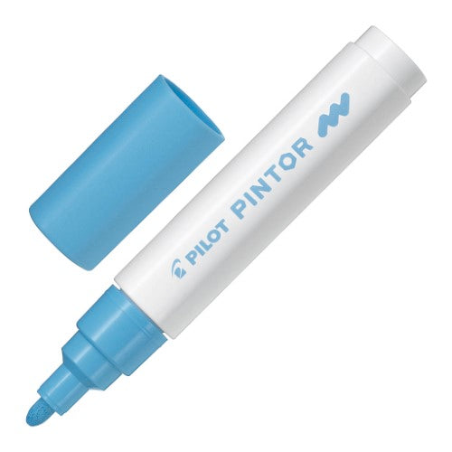 Set of 6 Pilot Pintor Medium Pastel Blue Markers with water-based ink for vibrant art on various surfaces.