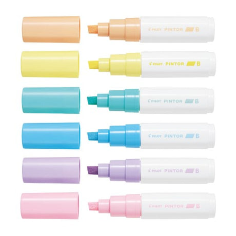 Set of 6 Pilot Pintor pastel markers with broad chisel tips in vibrant colors for versatile art and crafting.