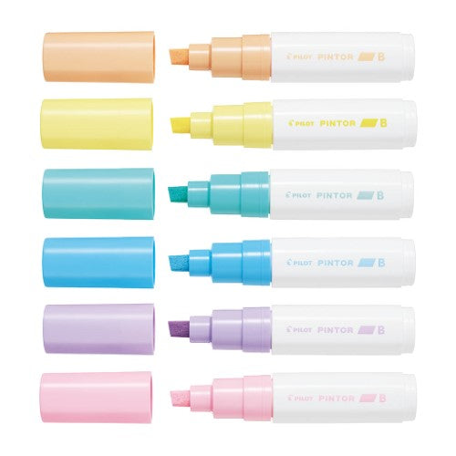 Set of 6 Pilot Pintor pastel markers with broad chisel tips in vibrant colors for versatile art and crafting.