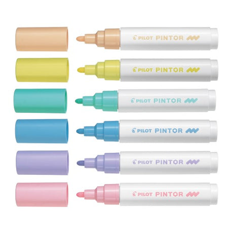 Pilot Pintor Medium Pastel Marker 6 Pack featuring pastel colors, ideal for artists and crafters on various surfaces.