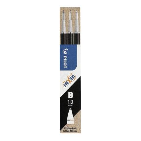 Pilot Frixion erasable black ink refills 3-pack for Clicker pens with 1.0mm broad tips for smooth, bold writing.