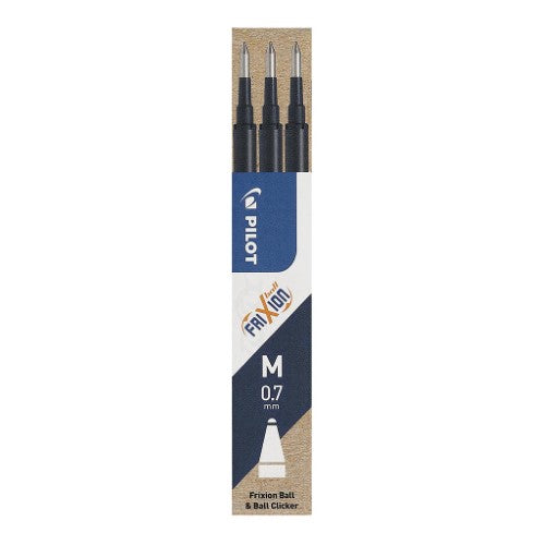 Pilot Frixion erasable refill pack of 3 with fine 0.7mm blue black ink for precision writing and easy corrections.