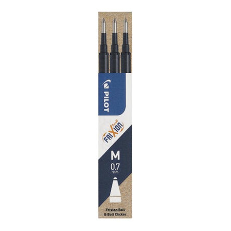 Pilot Frixion erasable refill pack of 3 with fine 0.7mm blue black ink for precision writing and easy corrections.