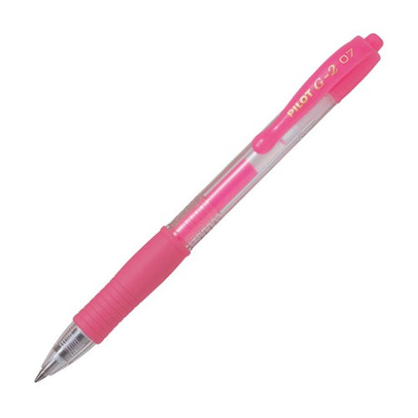 Pack of 12 Pilot G2 Gel pens with fine 0.7mm tip in vibrant neon pink, ideal for smooth, precise writing.