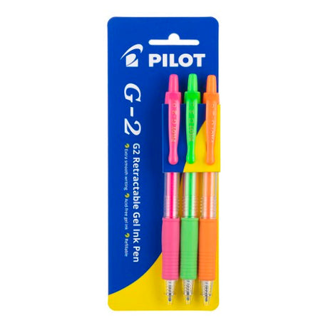 Pack of 3 Pilot G2 Gel Fine Neon Pens in Pink, Green, and Orange with ergonomic grip and clear barrel for easy ink monitoring.